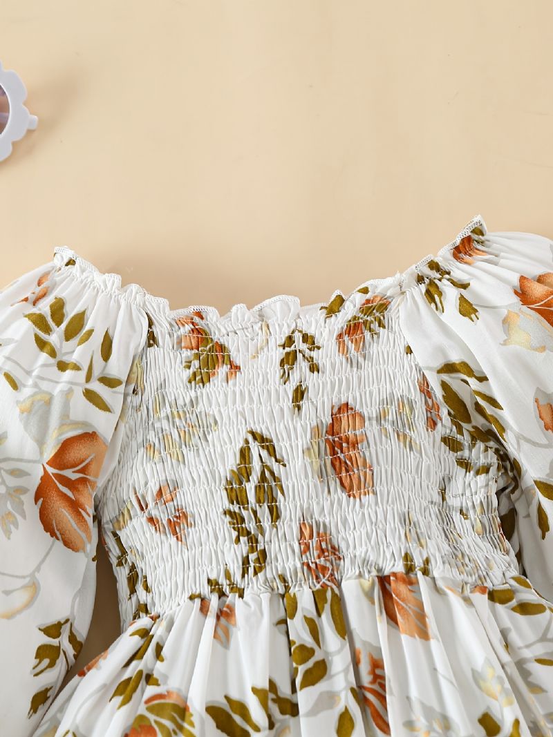 Baby Jenter Dress Ruffle Plissert Langermet Blomster Print Kjole Barneklær