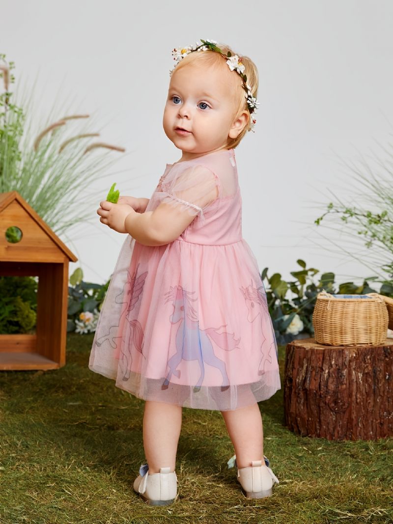 Baby Jenter Elegant Cute Mesh Princess Dress With Unicorn Print For Birthday Party Rosa