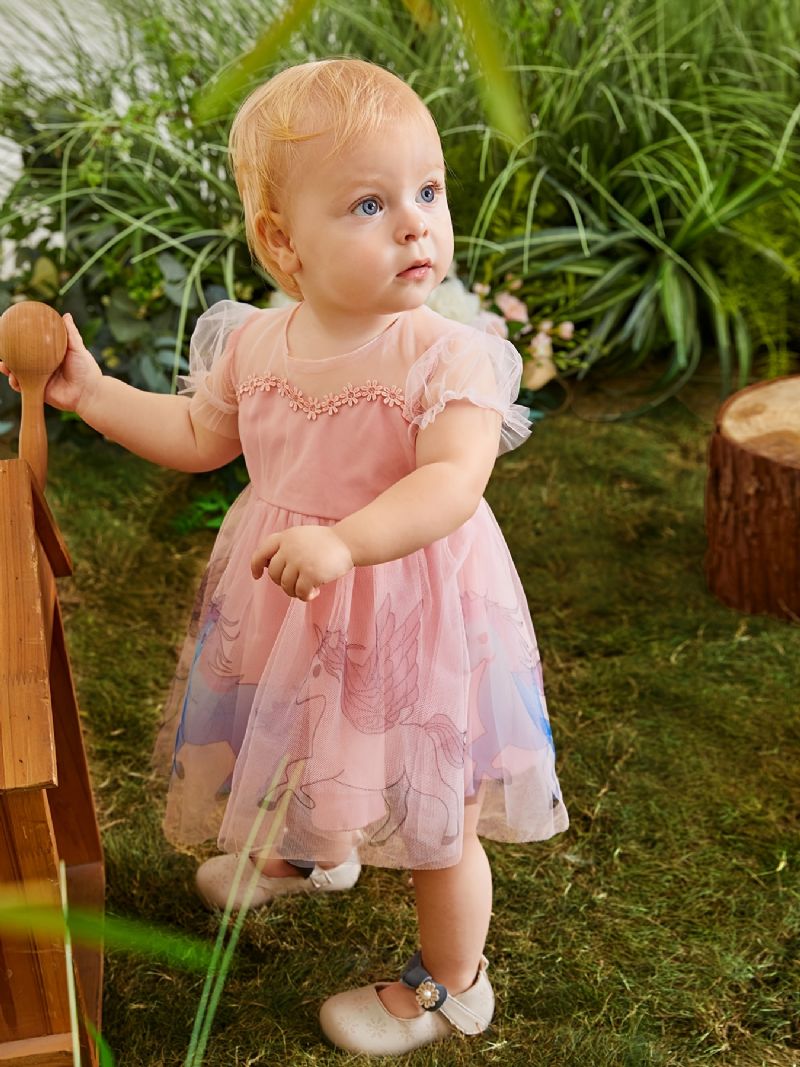 Baby Jenter Elegant Cute Mesh Princess Dress With Unicorn Print For Birthday Party Rosa