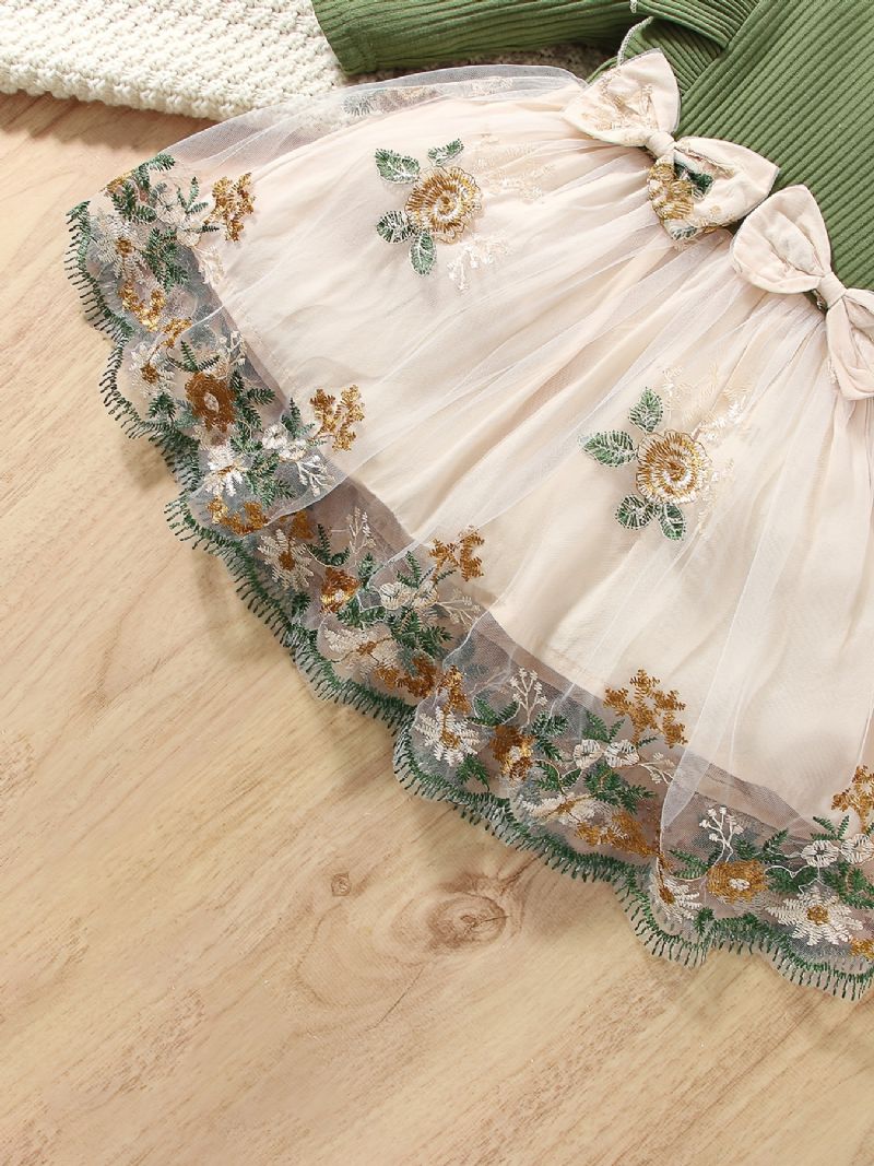 Baby Jenter Elegant Rynget Netting Patchwork Prinsessekjole Med Blomsterbroderi Sløyfe Til Fest