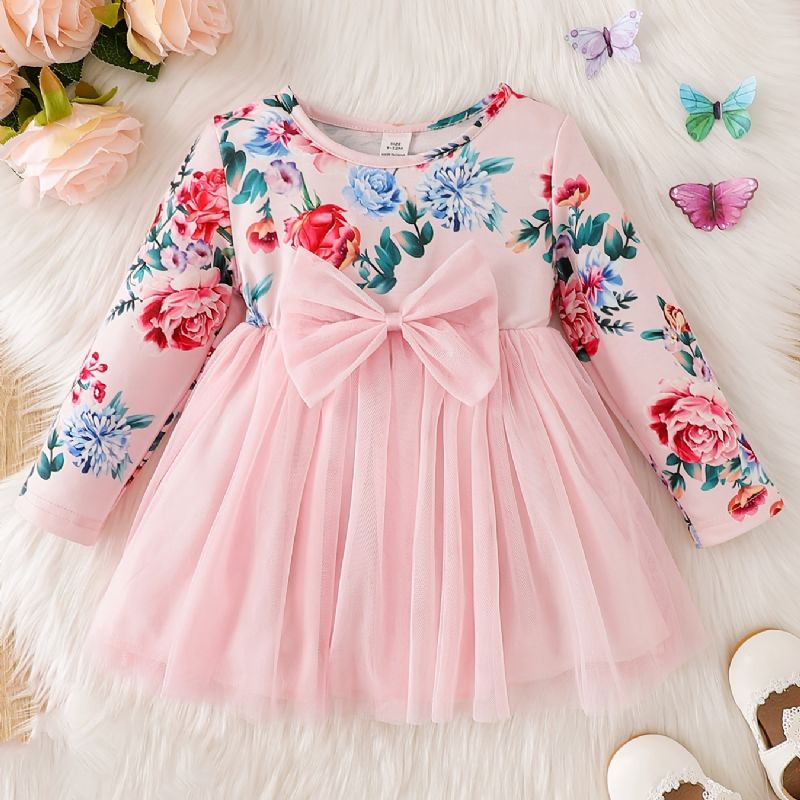 Baby Jenter Elegant Sweet Floral Print Mesh Tutu-kjole Med Sløyfe Til Fest Rosa