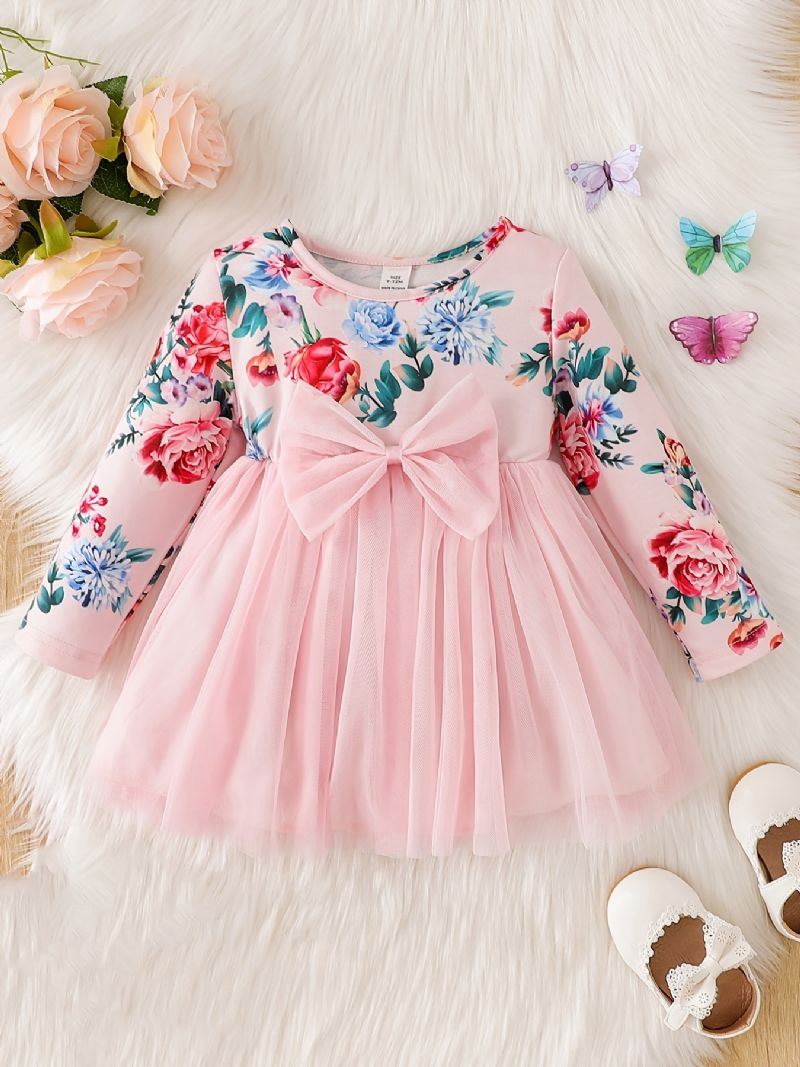 Baby Jenter Elegant Sweet Floral Print Mesh Tutu-kjole Med Sløyfe Til Fest Rosa