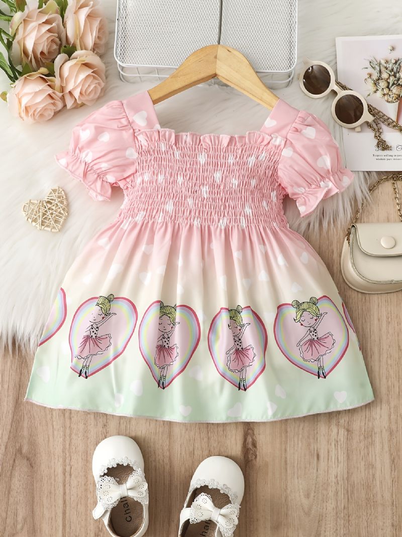 Baby Jenter Kortermet Puff Sleeve Dress Heart Print Gradient Color Summer