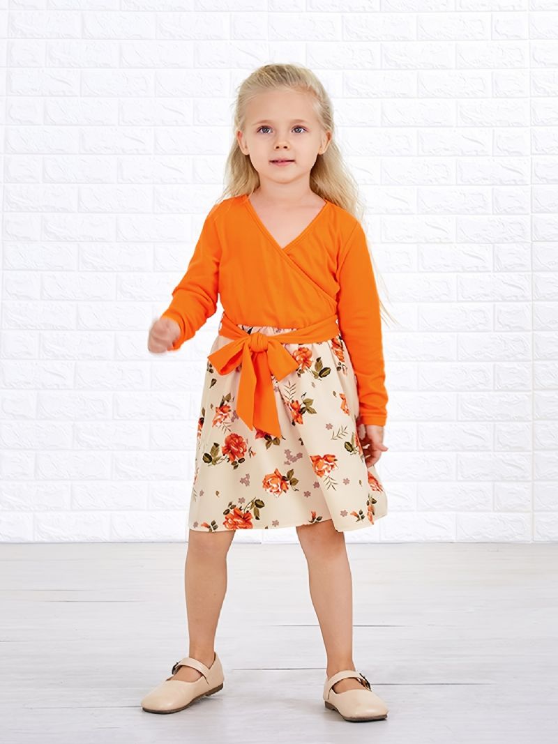 Baby Jenter Langermet Kjole V-hals Blomster Stitching Oransje Barneklær