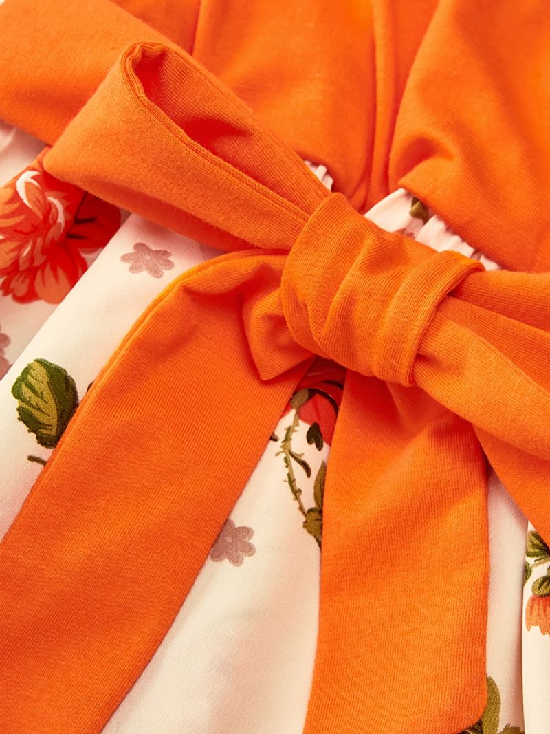 Baby Jenter Langermet Kjole V-hals Blomster Stitching Oransje Barneklær