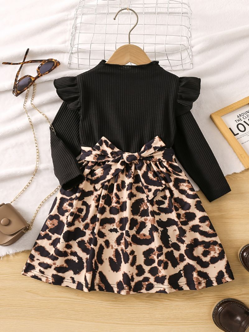 Baby Jenter Langermet Ruffle Trim Dress Leopard Splicing Barneklær