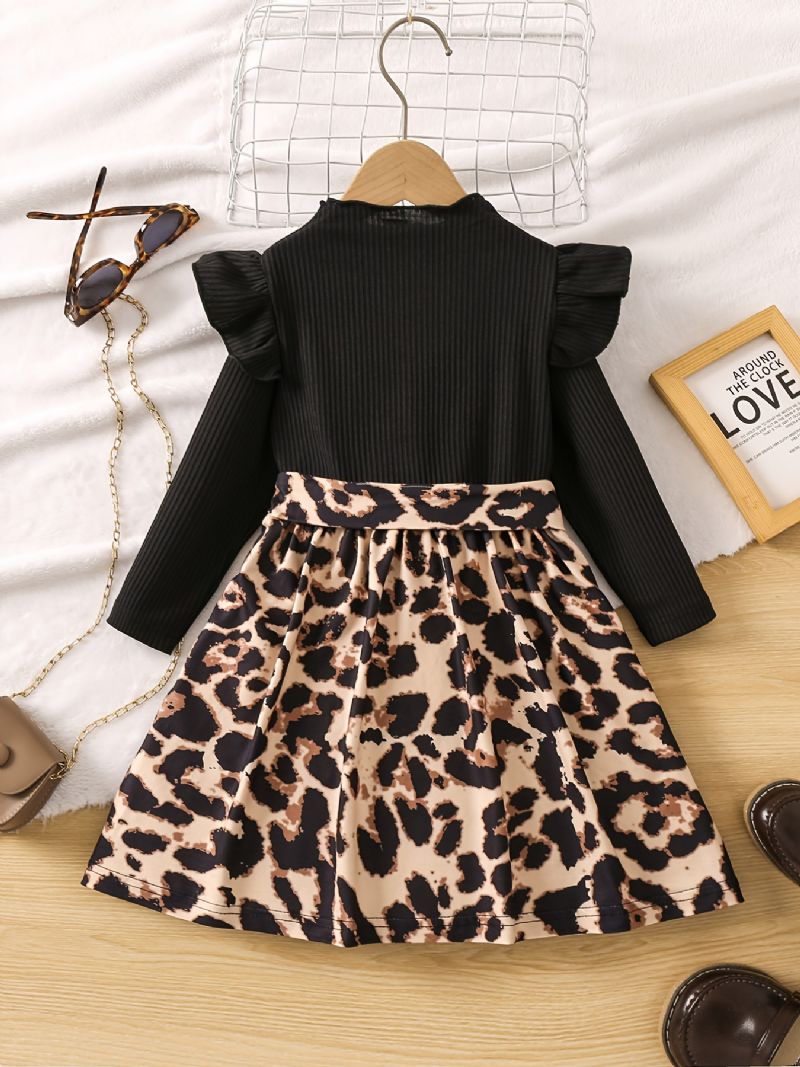 Baby Jenter Langermet Ruffle Trim Dress Leopard Splicing Barneklær