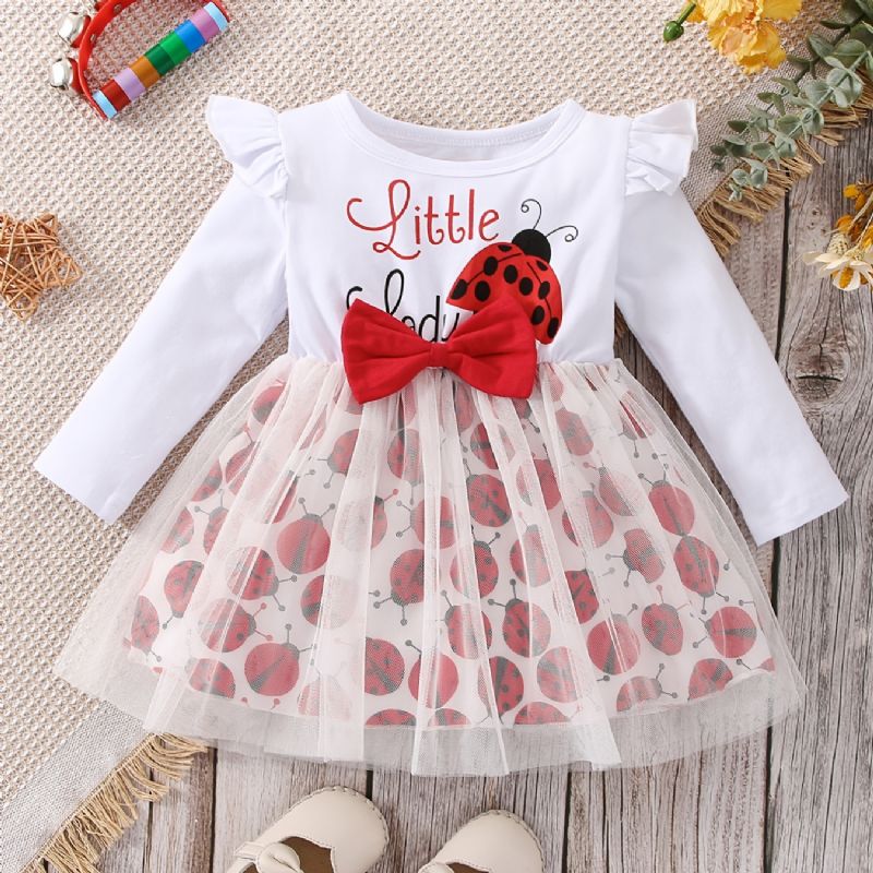 Baby Jenter Mesh Stitching Dress Cartoon Ladybug Langermet Kjole Vår Høst