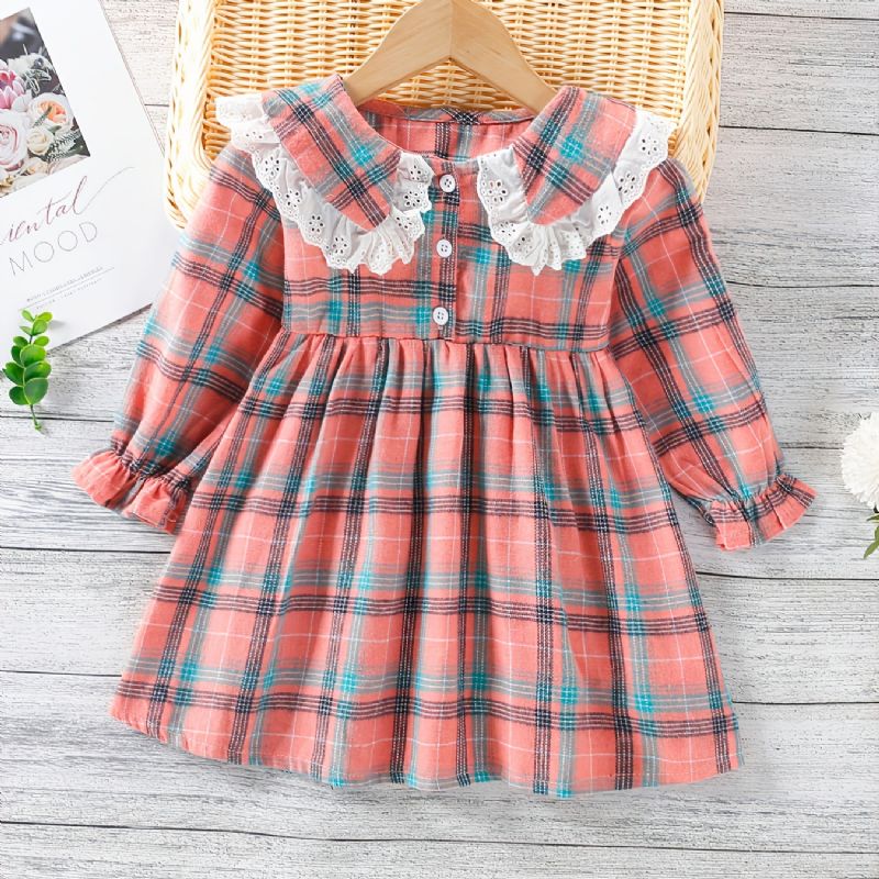 Baby Jenter Rutete Langermet Kjole Patchwork Blonder Ruffled Collar Dress Barneklær