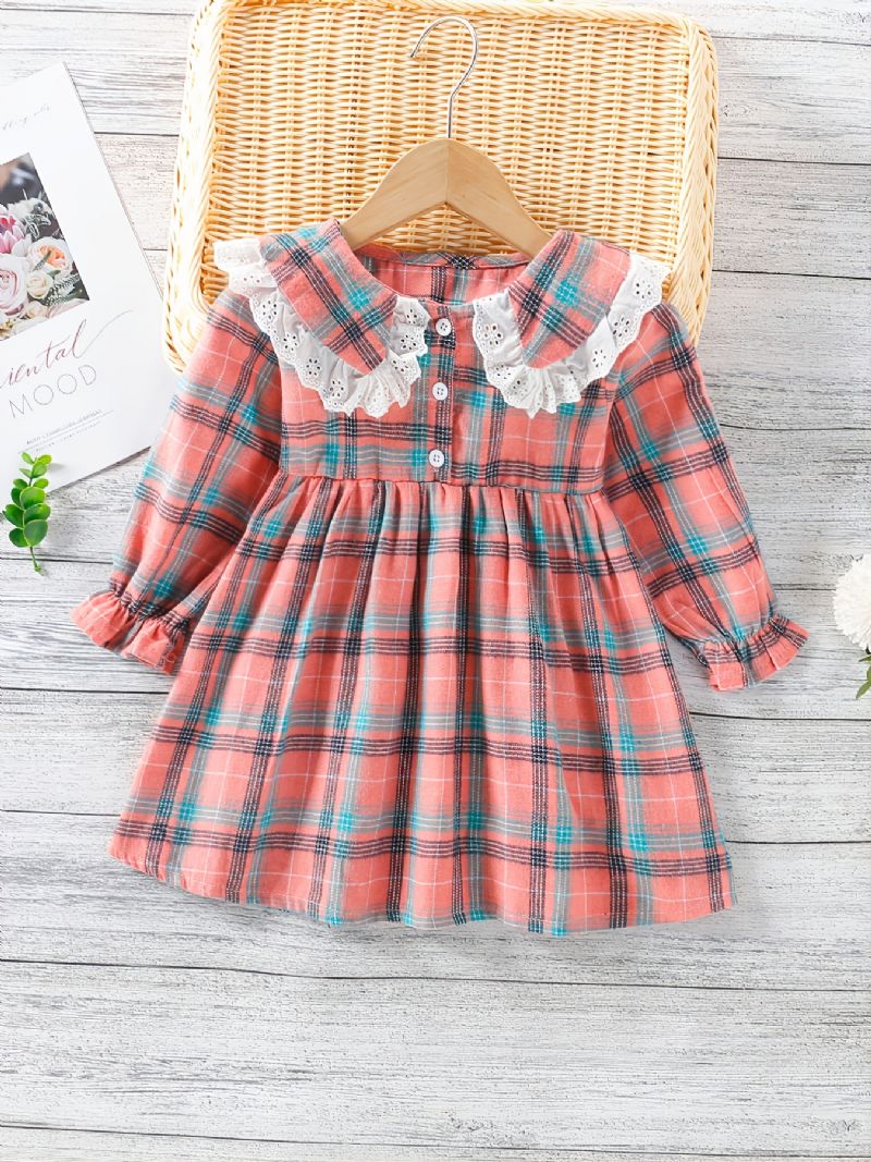 Baby Jenter Rutete Langermet Kjole Patchwork Blonder Ruffled Collar Dress Barneklær