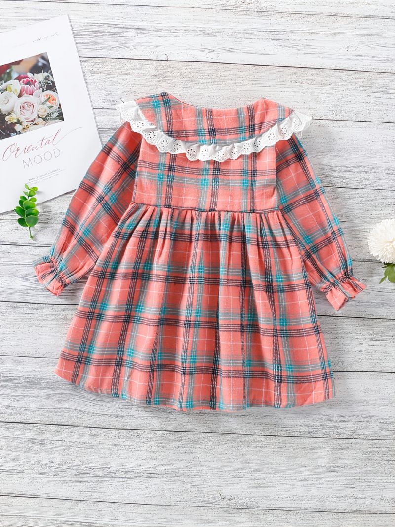 Baby Jenter Rutete Langermet Kjole Patchwork Blonder Ruffled Collar Dress Barneklær