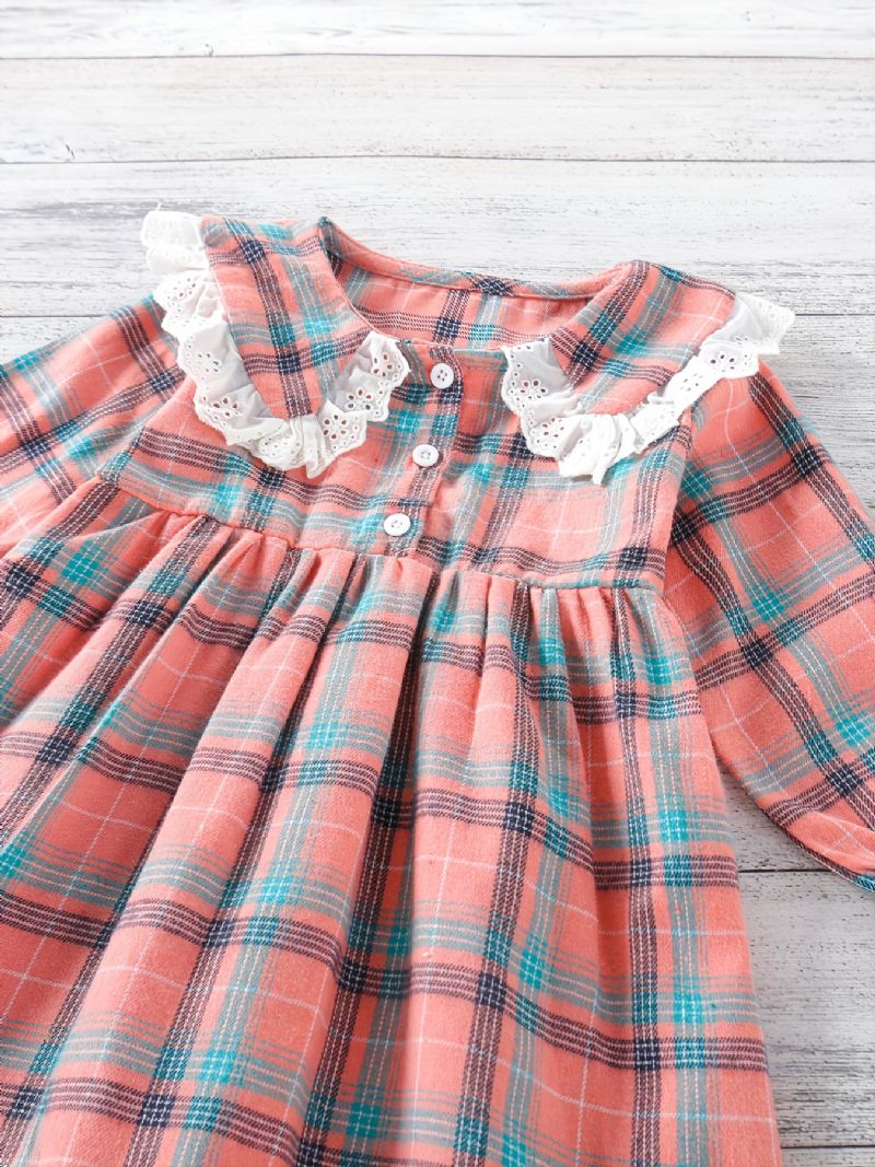 Baby Jenter Rutete Langermet Kjole Patchwork Blonder Ruffled Collar Dress Barneklær