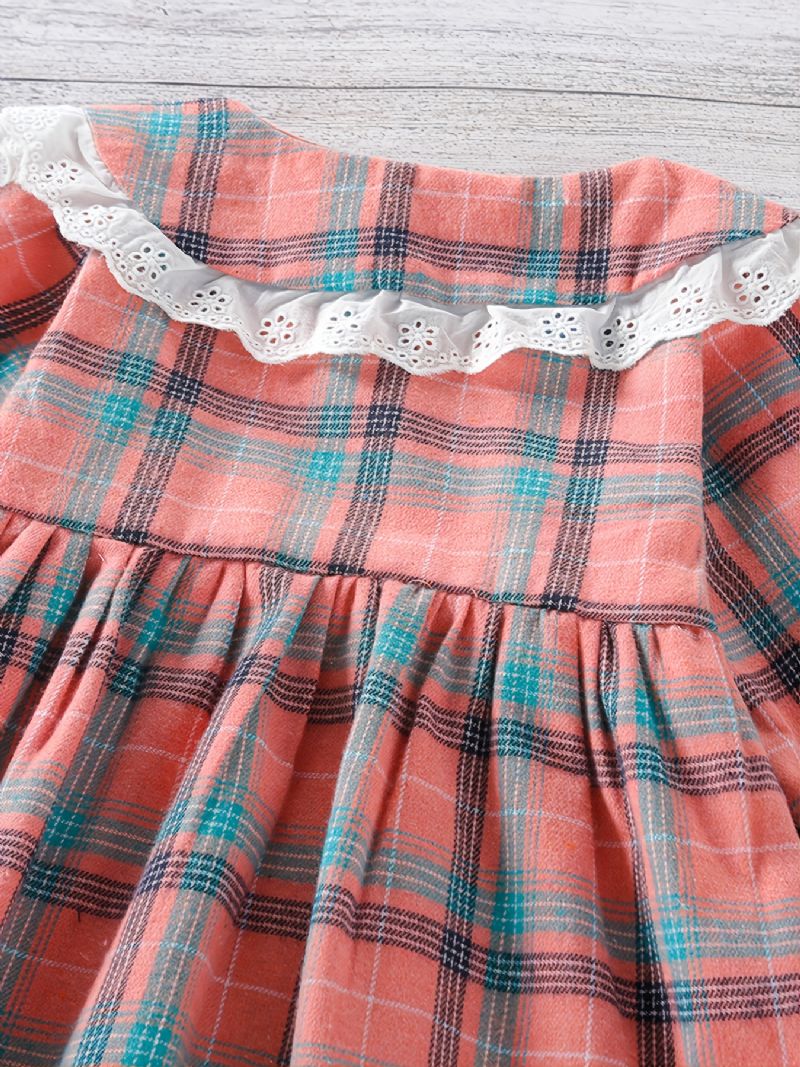 Baby Jenter Rutete Langermet Kjole Patchwork Blonder Ruffled Collar Dress Barneklær