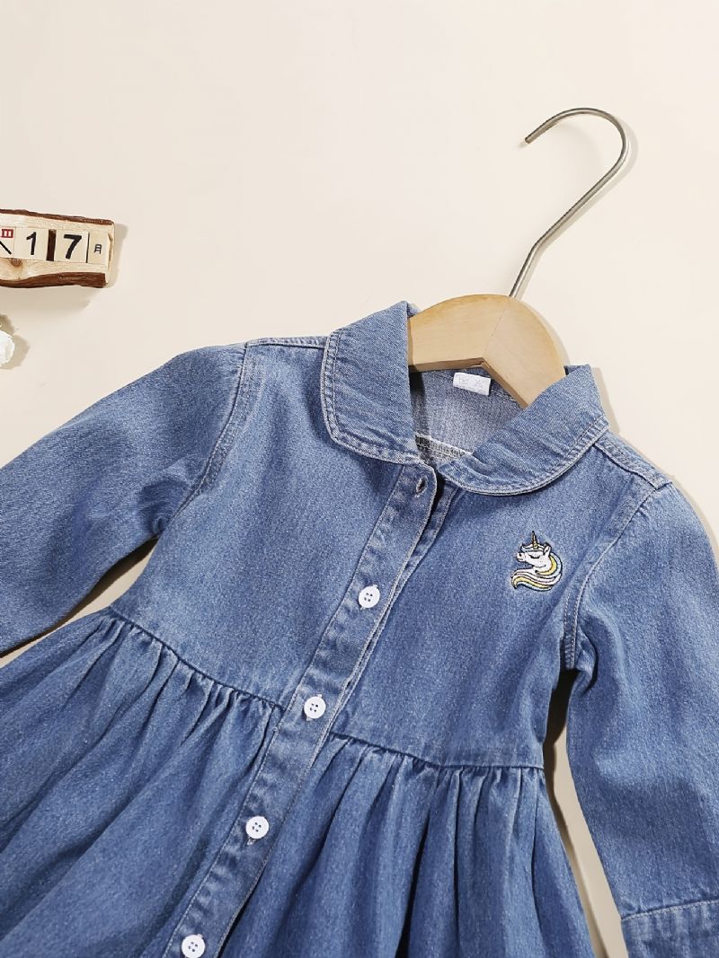 Babyjenter Denimkjole Unicorn Broderi Langermet Knappekjole Og Shortssett Barneklær