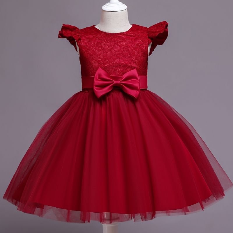 Babyjenter Ruffled Flying Sleeve Tutu Dress Blonder Mesh Sløyfe Dekor Festkjole Prinsessekjole Brudekjole Barneklær