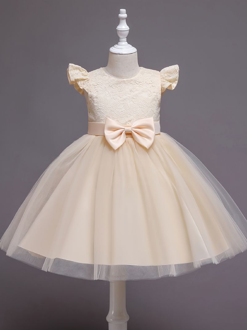 Babyjenter Ruffled Flying Sleeve Tutu Dress Blonder Mesh Sløyfe Dekor Festkjole Prinsessekjole Brudekjole Barneklær