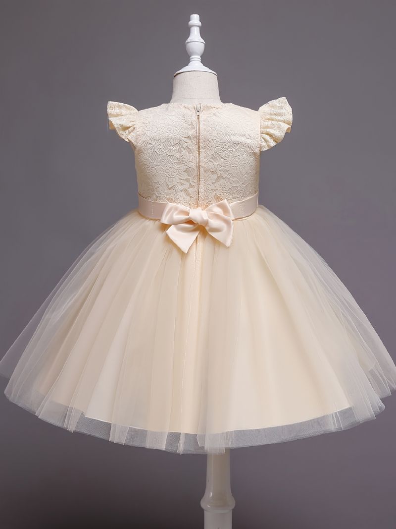 Babyjenter Ruffled Flying Sleeve Tutu Dress Blonder Mesh Sløyfe Dekor Festkjole Prinsessekjole Brudekjole Barneklær