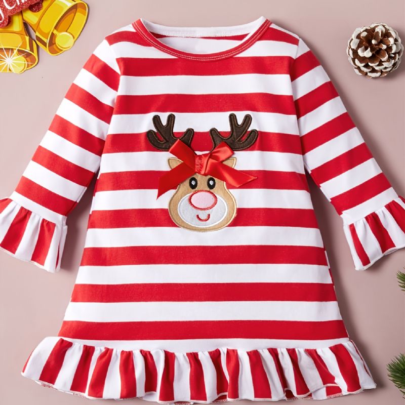 Christmas Baby Langermet Stripet Elk Cartoon Print Dress