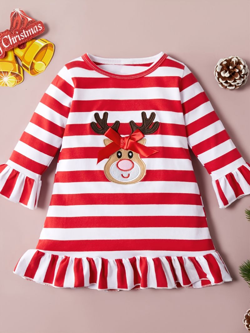 Christmas Baby Langermet Stripet Elk Cartoon Print Dress