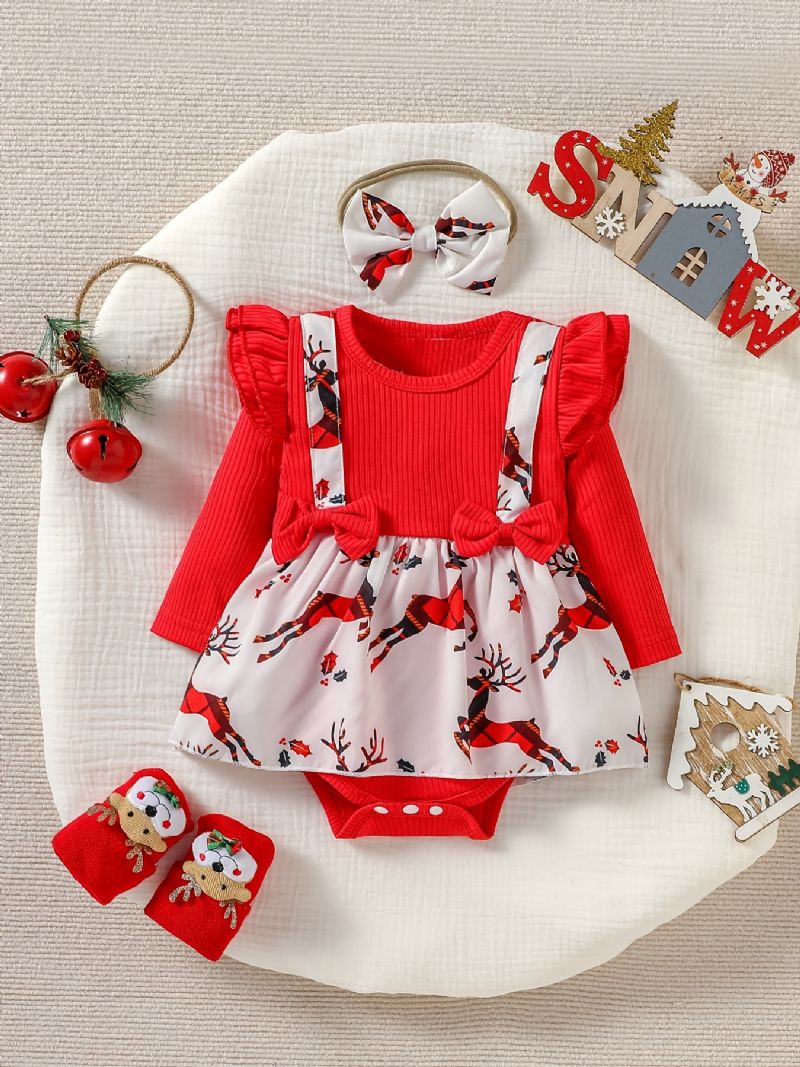 Christmas Jentebaby Elg Print Langermet Triangle Romper Dress Pannebånd