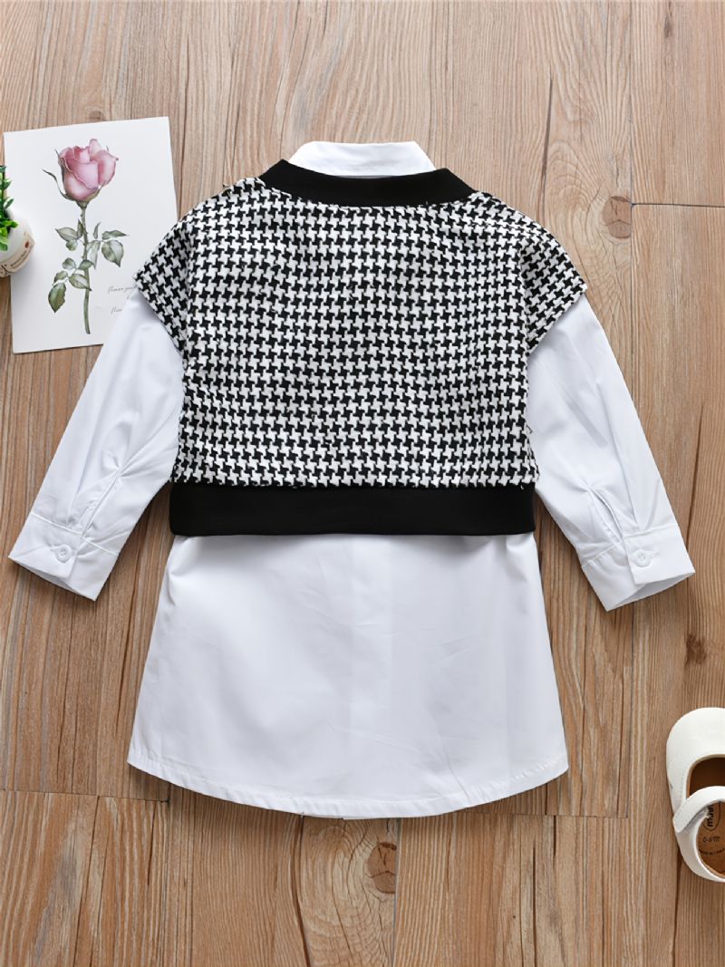 Jente Houndstooth Vest Hvit Langermet Skjortekjole