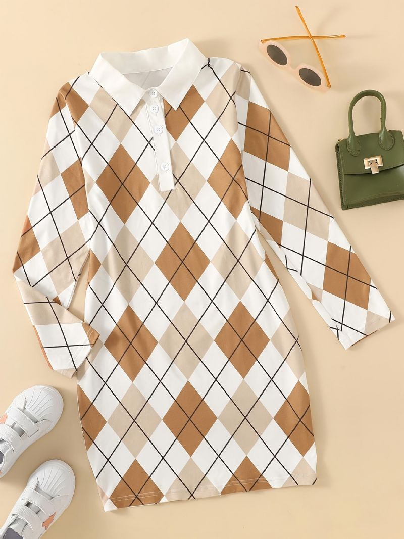 Jente Polo Neck Kjole Med Argyle Print