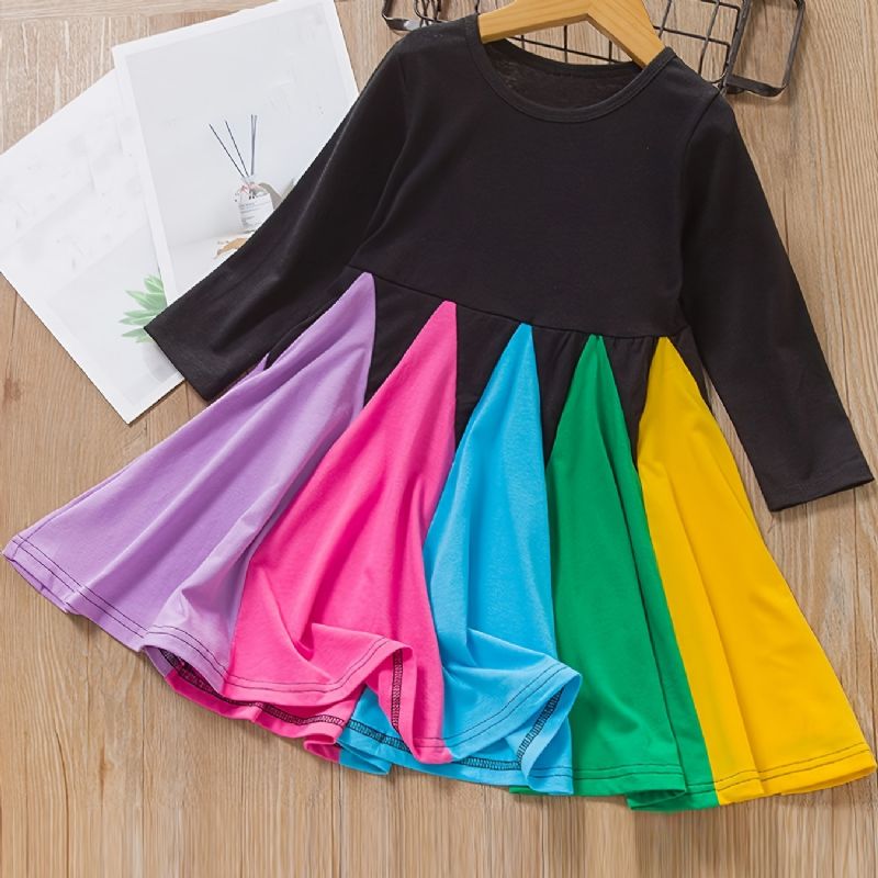 Jentekjole Langermet Rundhals Colorblock Rainbow Ruffle Dress Prinsessekjole