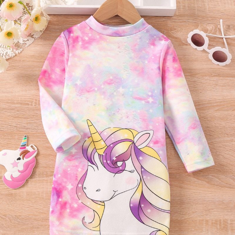 Jentekjole Tie Dye Unicorn Print Langermet Kjole Prinsessekjole