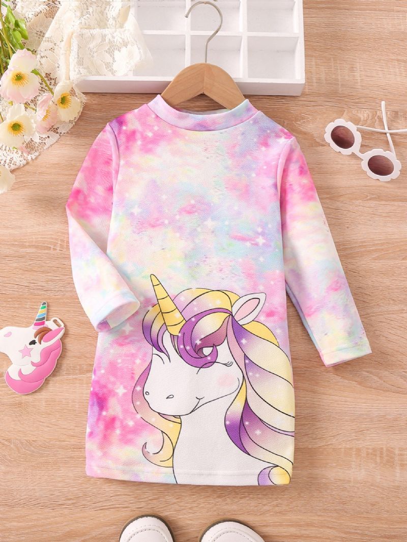 Jentekjole Tie Dye Unicorn Print Langermet Kjole Prinsessekjole