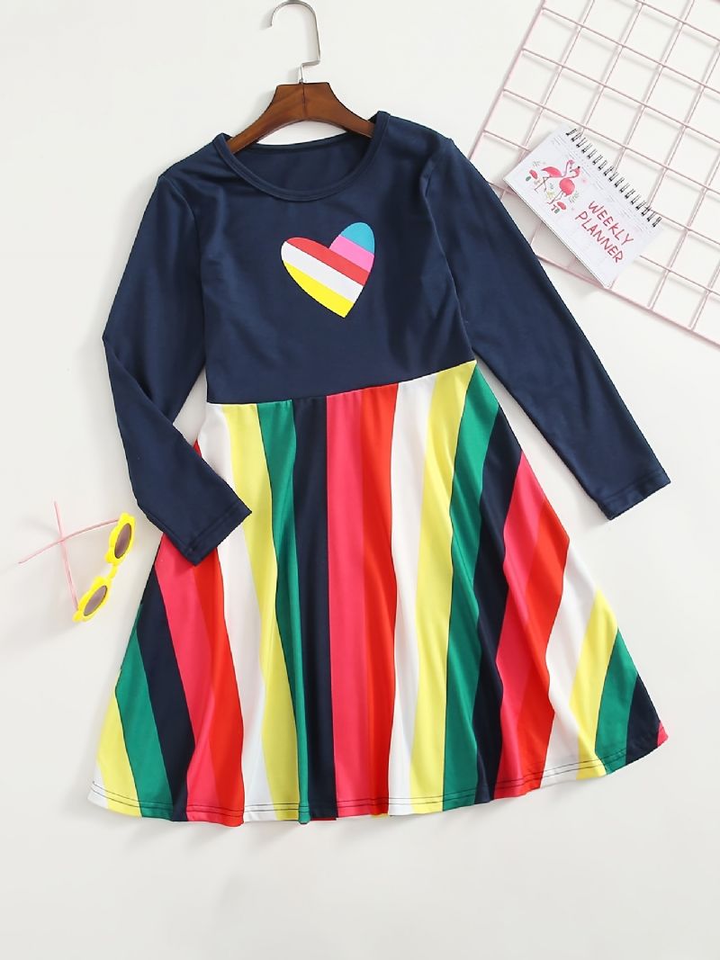 Jenter Casual Rainbow Striped Heart Print Dress For Winter Party