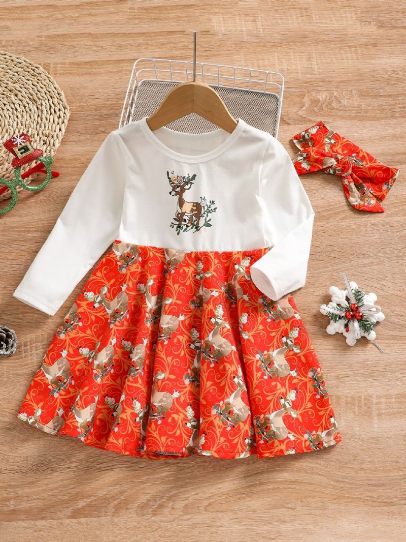 Jenter Christmas Crew Neck Langermet Elk Print Dress