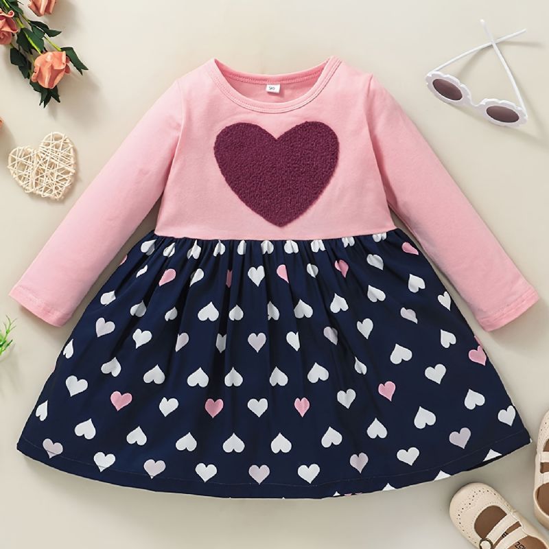 Jenter Cute Elegant Heart Print Princess Dress Langermet Color Block For Winter