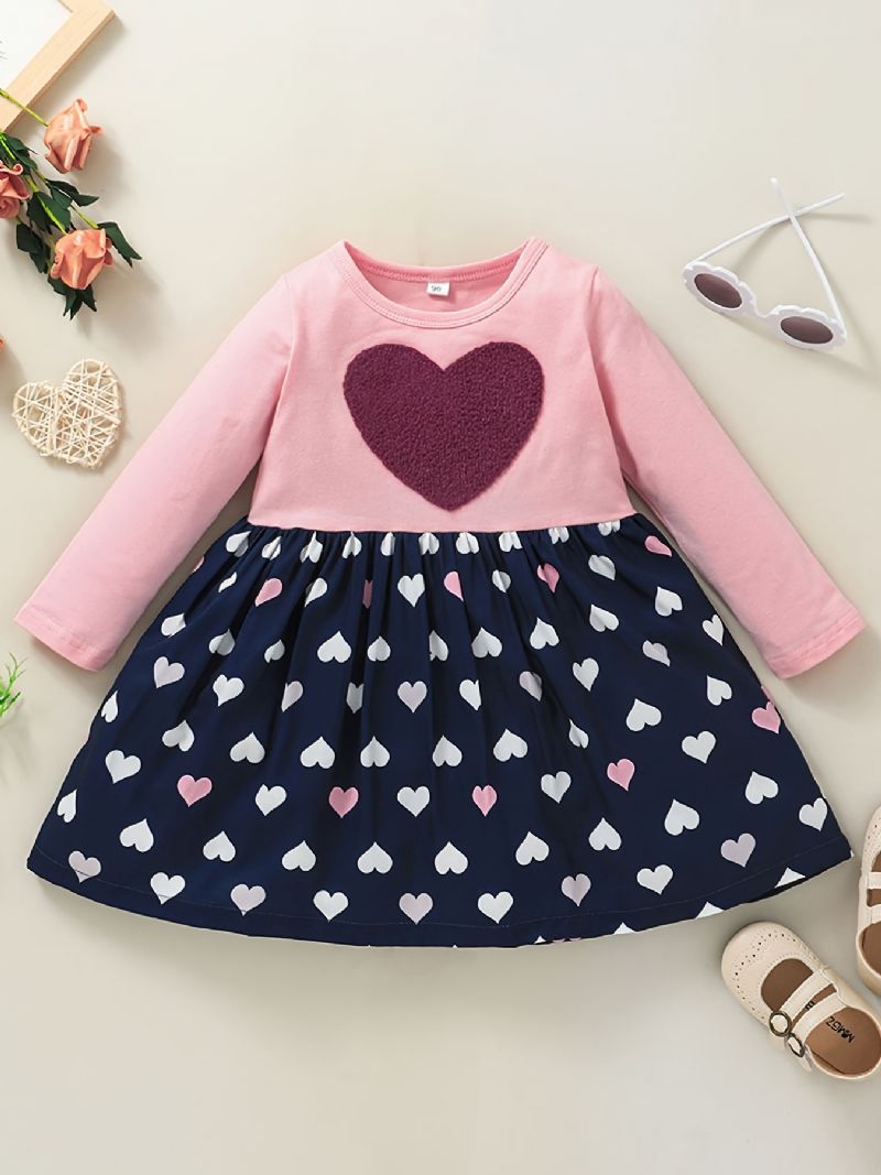 Jenter Cute Elegant Heart Print Princess Dress Langermet Color Block For Winter