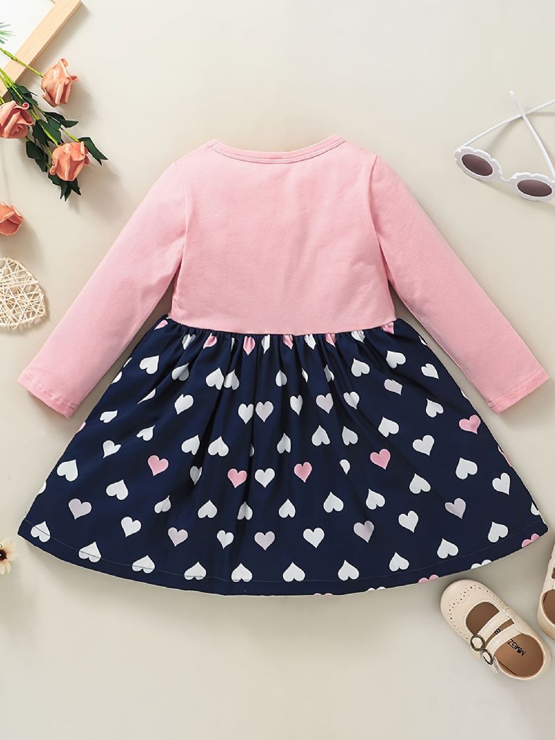 Jenter Cute Elegant Heart Print Princess Dress Langermet Color Block For Winter