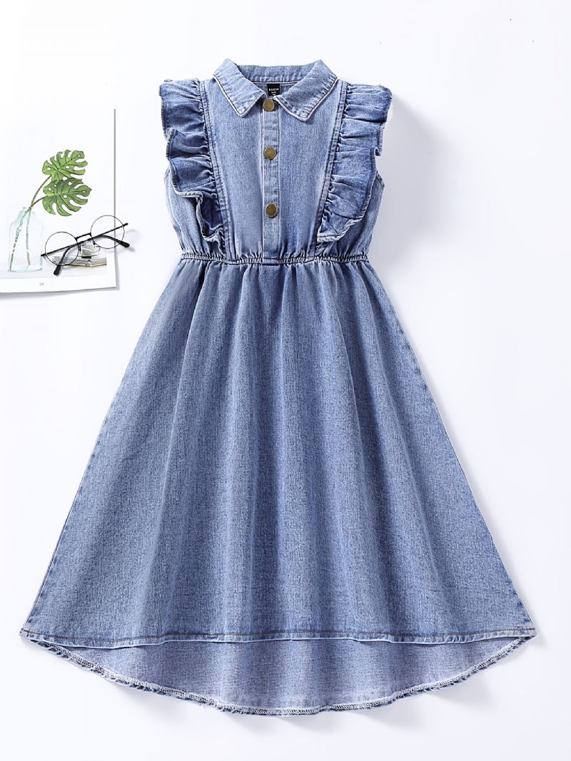 Jenter Denim Kjole Ermeløs Solid Ruffle Dress Barneklær