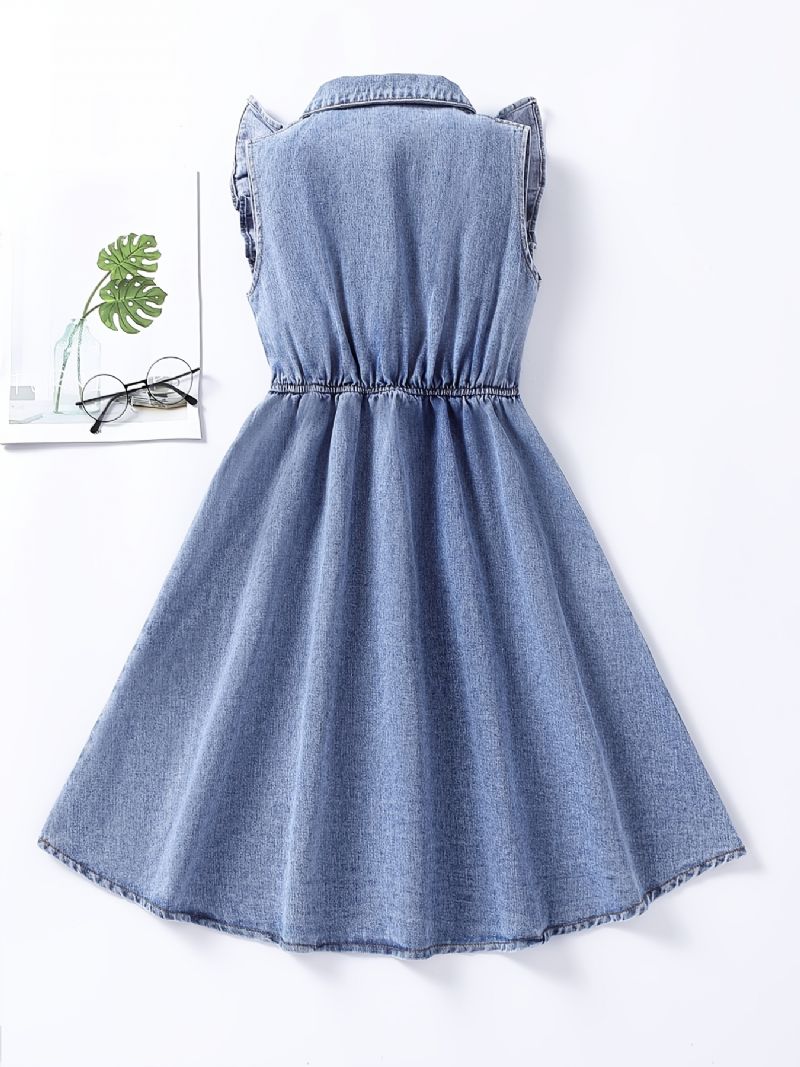 Jenter Denim Kjole Ermeløs Solid Ruffle Dress Barneklær