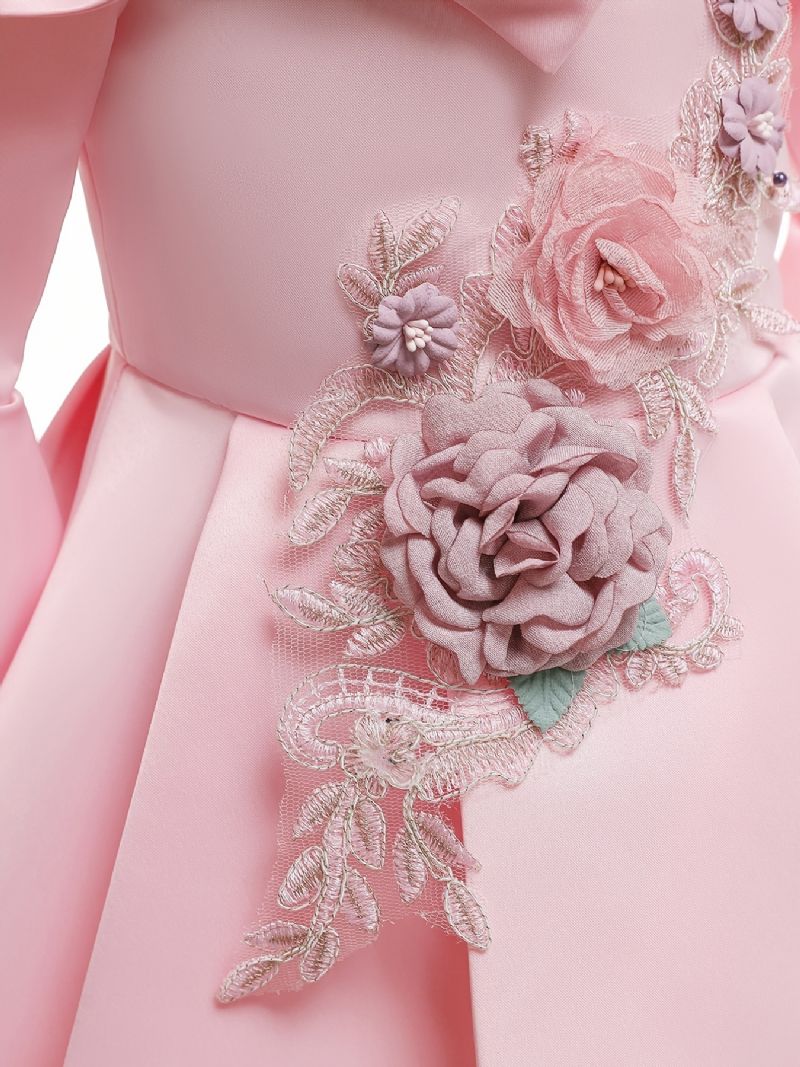 Jenter Elegant Lang Blomster Brodert Kjole En-skulder Kostymer For Party Performance Rosa