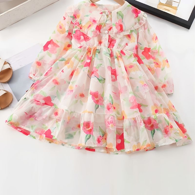 Jenter Floral Chiffon Dress Langermet Doll Collar Princess