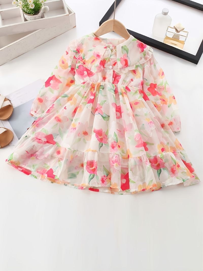 Jenter Floral Chiffon Dress Langermet Doll Collar Princess