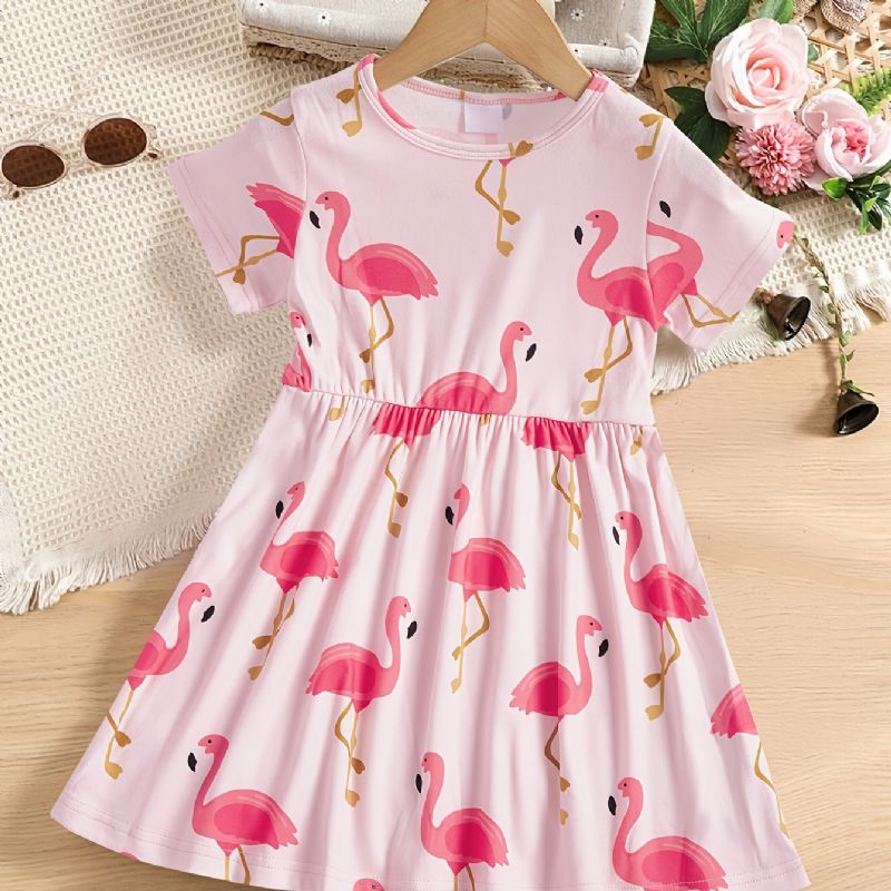 Jenter Pink Flamingo Print Kortermet Kjole