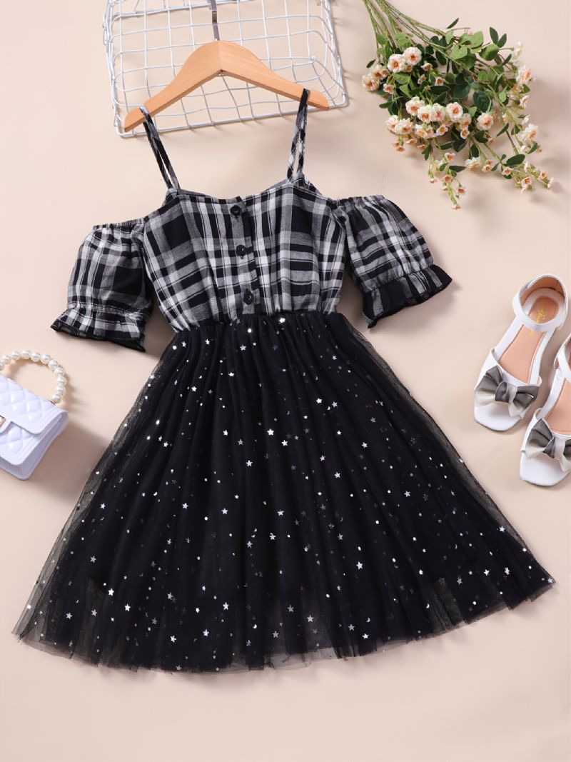 Jenter Plaid Off The Shoulder Elegant Mesh Suspender Dress