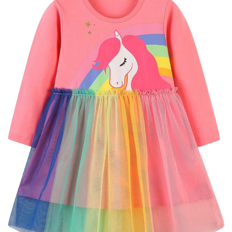 Jenter Rainbow Unicorn Pattern Mesh Dress Barneklær