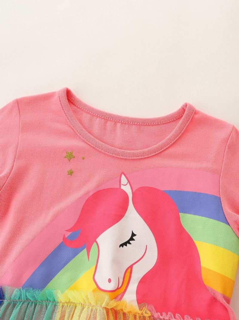 Jenter Rainbow Unicorn Pattern Mesh Dress Barneklær