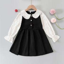 Jenter Ruffle Dress Spleising Langermet Doll Krage Polka Dot Barneklær