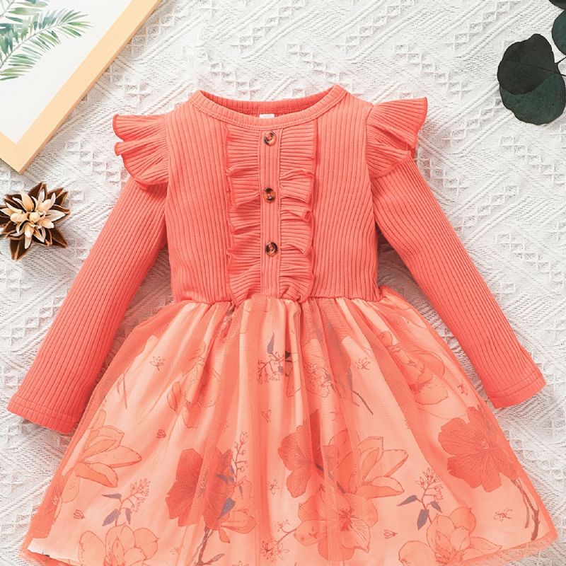 Jenter Ruffled Flower Print Strikket Mesh Princess Dress For Winter Party