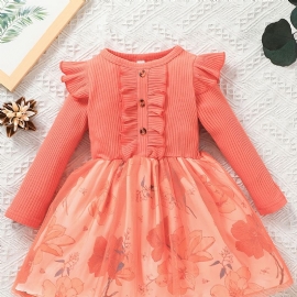 Jenter Ruffled Flower Print Strikket Mesh Princess Dress For Winter Party