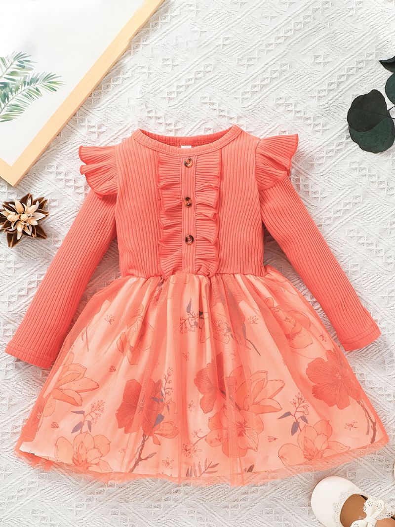 Jenter Ruffled Flower Print Strikket Mesh Princess Dress For Winter Party