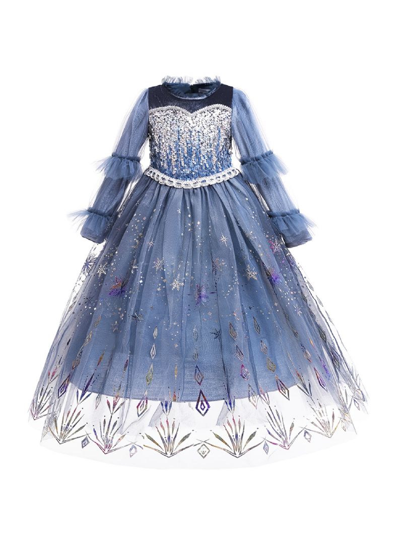 Jenter Snowflake Print Mesh Langermet Elsa Princess Gown Dress Barneklær Til Jul