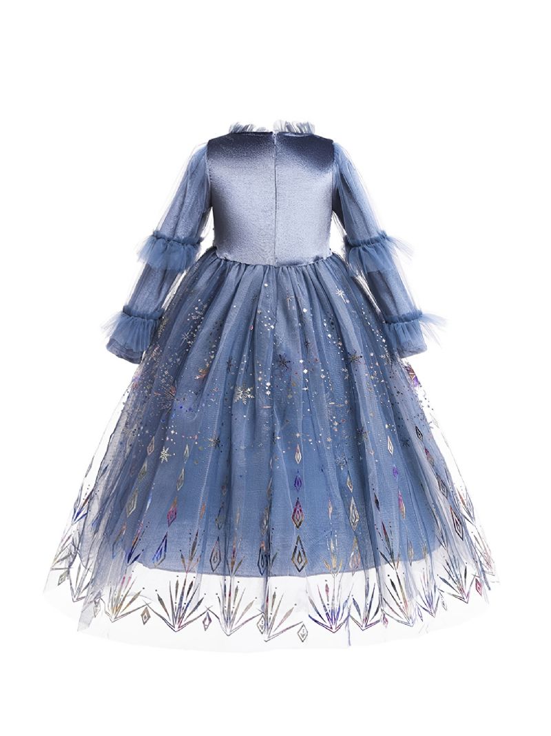 Jenter Snowflake Print Mesh Langermet Elsa Princess Gown Dress Barneklær Til Jul