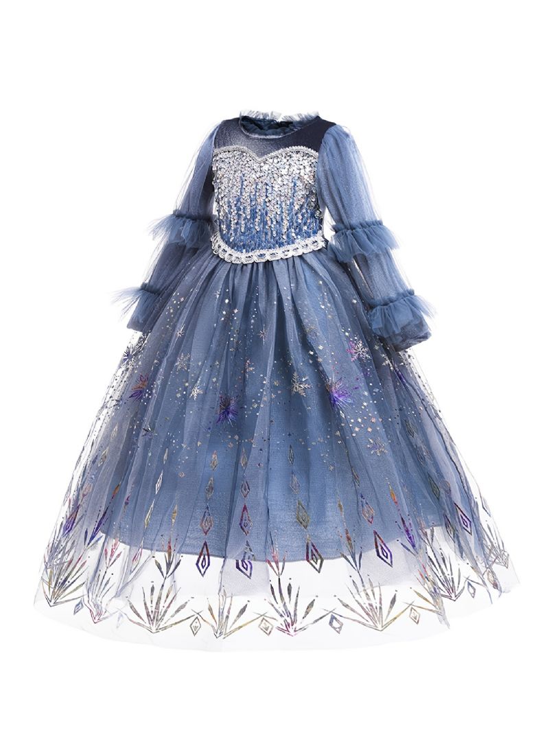 Jenter Snowflake Print Mesh Langermet Elsa Princess Gown Dress Barneklær Til Jul